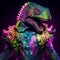 Realistic lifelike dinosaur in disco neon glitter bright outfits, surreal surrealism, Generative AI