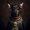 Realistic lifelike Doberman dog puppy in renaissance regal medieval noble royal outfits, commercial