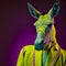 Realistic lifelike donkey in fluorescent electric highlighters ultra-bright neon outfits, commercial, editorial. Generative AI