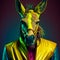 Realistic lifelike donkey mule in fluorescent electric highlighters ultra-bright neon outfits, commercial