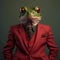 Realistic lifelike frog toad in dapper high end luxury formal suit and shirt, commercial, editorial advertisement