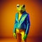 Realistic lifelike frog toad in fluorescent electric highlighters ultra-bright neon outfits, commercial. Generative AI