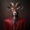 Realistic lifelike goat in dapper high end luxury formal suit and shirt, commercial