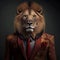 Realistic lifelike lion in dapper high end luxury formal suit and shirt, commercial, editorial advertisement, surreal surrealism