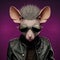 Realistic lifelike mouse in punk rock rockstar leather outfits, surreal surrealism, Generative AI
