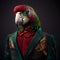 Realistic lifelike parrot bird in dapper high end luxury formal suit and shirt, commercial, editorial