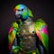 Realistic lifelike parrot bird in disco neon glitter bright outfits, surreal surrealism, Generative AI