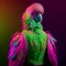 Realistic lifelike parrot bird in fluorescent electric highlighters ultra-bright neon outfits. Generative AI