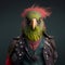 Realistic lifelike parrot bird in punk rock rockstar leather outfits, surreal surrealism. generative ai