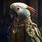 Realistic lifelike parrot bird in renaissance regal medieval noble royal outfits, commercial, editorial advertisement
