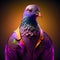 Realistic lifelike pigeon bird in fluorescent electric highlighters ultra-bright neon outfits, commercial