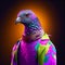 Realistic lifelike pigeon bird in fluorescent electric highlighters ultra-bright neon outfits. Generative AI