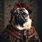 Realistic lifelike pug dog puppy in renaissance regal medieval noble royal outfits, commercial