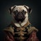 Realistic lifelike pug dog in renaissance regal medieval noble royal outfits. 18th-century historical. Generative AI