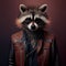 Realistic lifelike raccoon in punk rock rockstar leather outfits, surreal surrealism, Generative AI