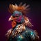 Realistic lifelike rooster bird in disco neon glitter bright outfits, surreal surrealism, Generative AI
