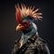 Realistic lifelike rooster in punk rock rockstar leather outfits, surreal surrealism. generative ai