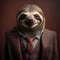Realistic lifelike sloth in dapper high end luxury formal suit and shirt, commercial, editorial advertisement