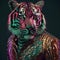 Realistic lifelike tiger in disco neon glitter bright outfits, surreal surrealism, Generative AI