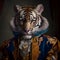 Realistic lifelike tiger in renaissance regal medieval noble royal outfits, commercial, editorial advertisement