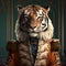 Realistic lifelike tiger in renaissance regal medieval noble royal outfits, commercial, editorial advertisement,