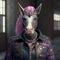 Realistic lifelike unicorn in punk rock rockstar leather outfits, surreal surrealism, Generative AI