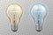 Realistic light bulb. Glowing yellow and blue filament lamps. Vector 3D light bulbs set on transparent background