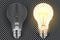 Realistic light bulb. Glowing yellow and white incandescent filament lamps, electricity on and of template. Vector 3D light bulbs