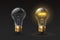 Realistic light bulb. On and off glass electric lightbulbs with filament. 3d lamp with glow effect. Creative or business
