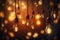 Realistic light bulbs. Vintage lamps hanging on wires, decoration glowing retro objects. Generative ai