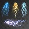 Realistic lightning collection on transparent background. Thunderstorm and lightning bolt. Sparks of light. Stormy