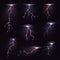 Realistic lightning set vector illustration night thunderstorm magic bright sky effect