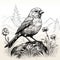 Realistic Line Art: Sparrow Perched On Moss With Detailed Penciling