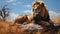 Realistic Lion Painting On Rock With Blue Sky Background