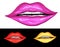 Realistic lips red, pink, mother-of-pearl gloss isolated on a white black background. a woman`s hand-drawn kiss, in the style o