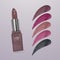 Realistic lipstick with collection of strokes of lipsticks various colors isolated on light background, vector, eps 10