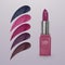 Realistic lipstick with collection of strokes of lipsticks various colors isolated on light background, vector, eps 10