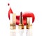 Realistic lipstick cosmetic makeup mockup set. Vector 3d pink red golden color pomade tube and lipstick smudge smear