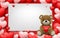 Realistic little cute smiling baby bear doll character hug red heart and sitting on white frame with full of hearts background. An