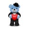 Realistic little cute smiling bear doll wear tuxedo character holding a red heart and standing isolated on white background. Valen