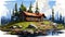Realistic Log Cabin Illustration In Western Natural Setting