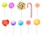 Realistic lollipops. Color sweets different types, sugar food, bright candies, traditional christmas cane, round spiral