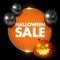 Realistic and luxurious Halloween Sale icon with golden frame and decorative balloons