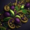 Realistic luxury Mardi Gras beads and decorations on dark background. Close-up shot. Purple, green and golden colors.Generative AI