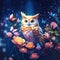 Realistic magical owl sits on a branch against a forest backdrop, bright lights and flying butterflies.