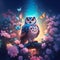 Realistic magical owl sits on a branch against a forest backdrop, bright lights and flying butterflies.