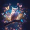 Realistic magical owl sits on a branch against a forest backdrop, bright lights and flying butterflies.