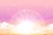 Realistic magical sunrise in pastel colors against a background of stars and white clouds. Vector background morning sunny sky