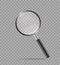 Realistic magnify glass in mockup style on transparent background. Detective concept loupe with zoom. Magnifying glass icon. Black