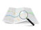 Realistic magnifying glass and map. Magnification zoom street search, searching location on geography brochure find